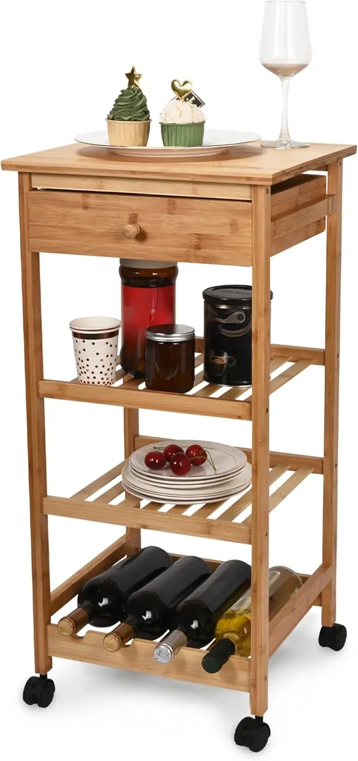 

Kitchen Cart with Drawer and Basket - Brown Kitchen Cart Island for Small Spaces - Extra Counter Space or Spice Rack -