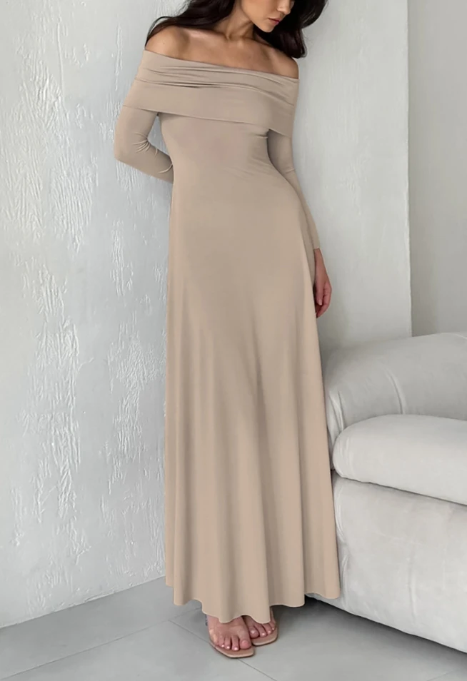 

Women's Dress Elegant Luxury French Wedding Guest Evening Gown Knit Solid Color Off Shoulder Long Sleeve High Waist Maxi Dress