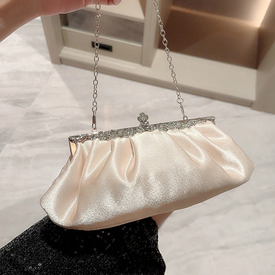 

Women's classic pleated design satin shell bag crystal evening bag clutch purse party prom wedding handbags chains shoulder bags