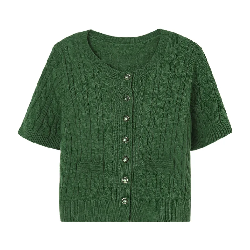 Cropped Short Sleeve 100% Wool Cable Cardigan Sweater Women