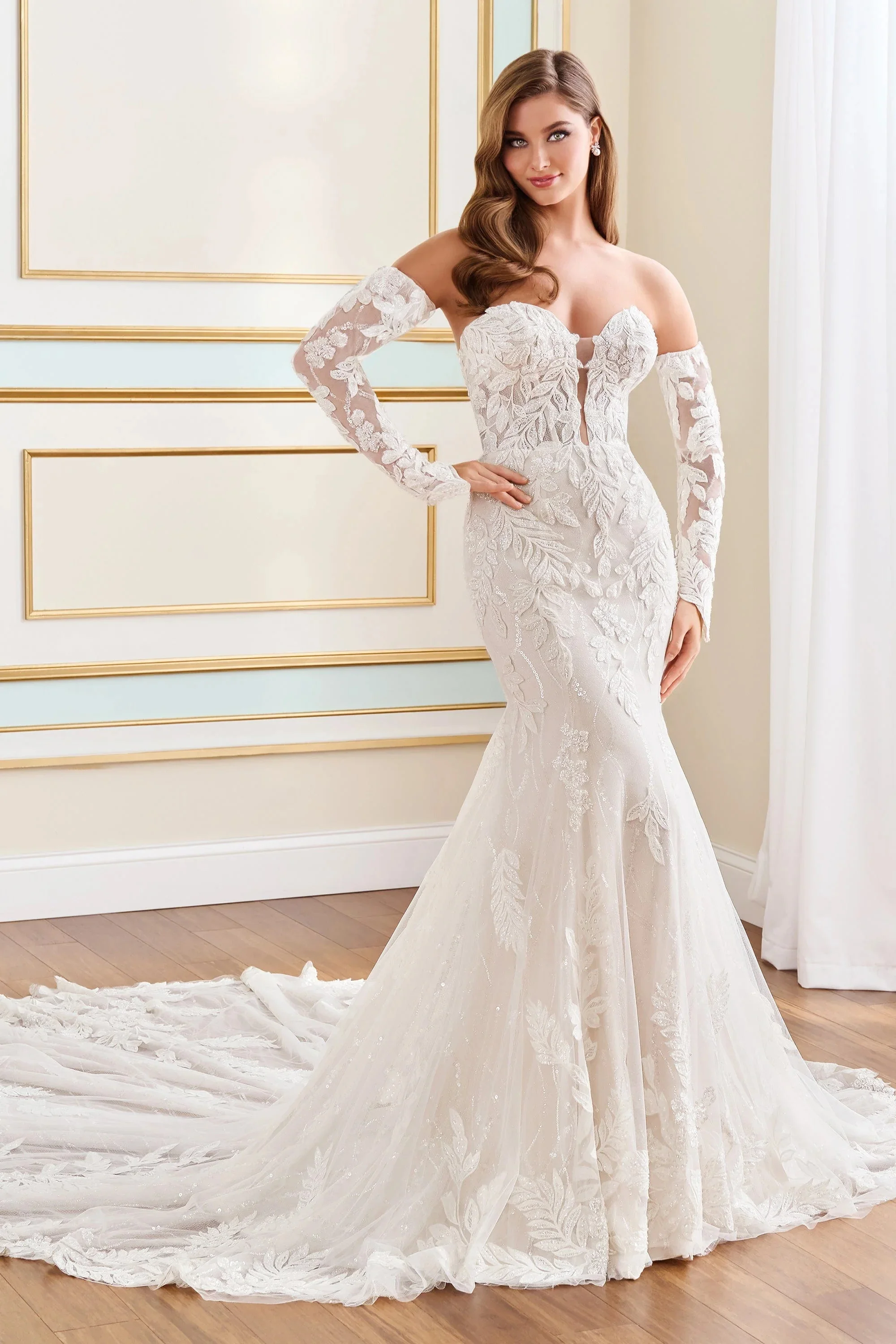 

Charming Women Wedding Dresses Glitter Lace Detachable Sleeves Bridal Gowns Sexy Long Train Customized Vestidos De Mariee
