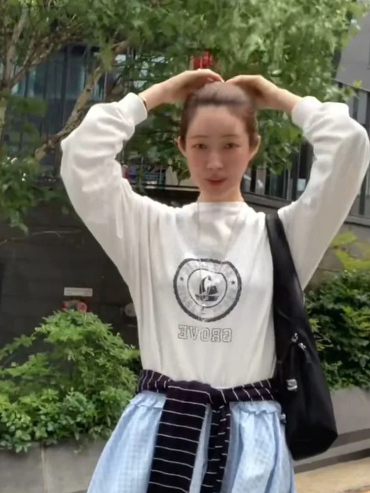 

Свободная футболка Long Sve round Ne, женская повседневная футболка с принтом East Gate, простой базовый топ для поездок на работу, осенняя мода