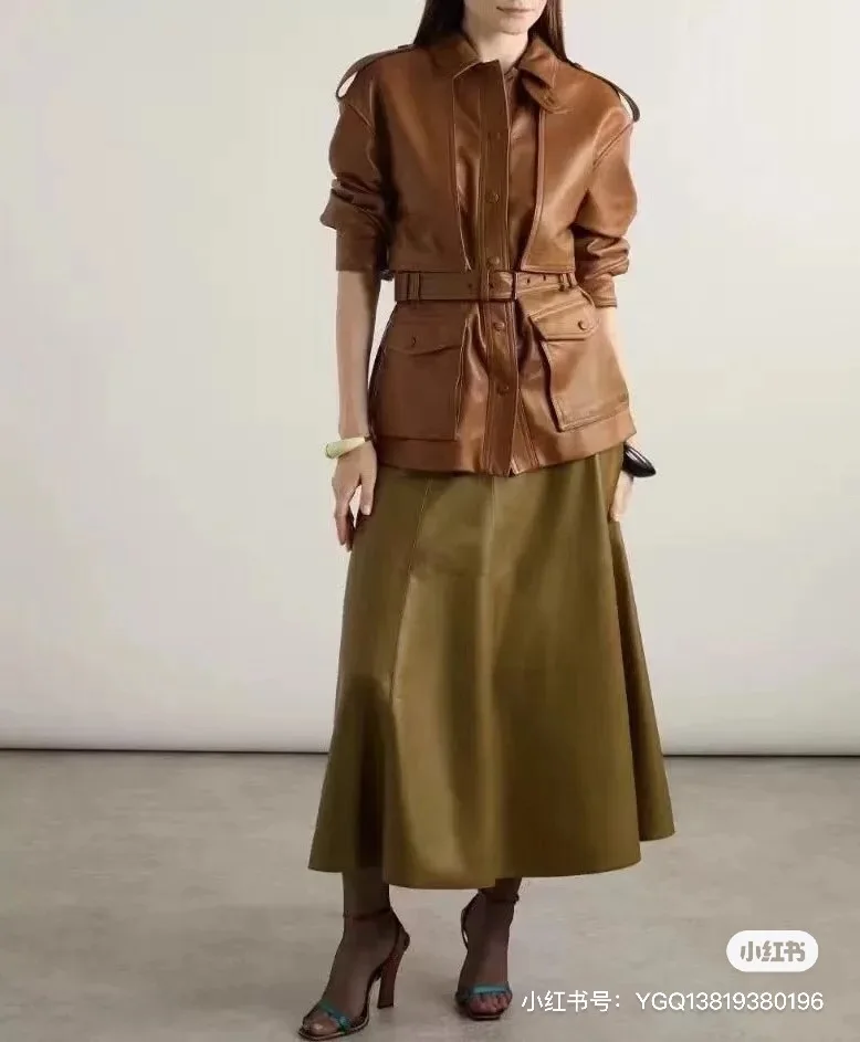 

High Quality Genuine Leather Jacket Fashion Women's 100% Sheepskin Coat Elegant Ladies Khaki Long Cardigan Belt