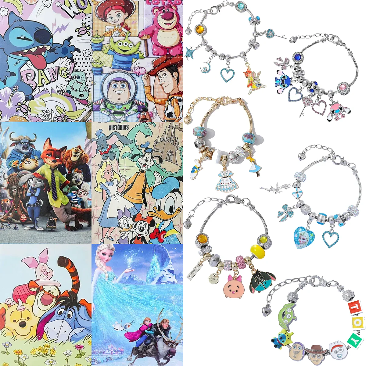 

34 Styles Disney Stitch Toy Story Frozen Donald Duck Zootopia Winnie Tigger Christmas Bracelet DIY Blind Box Mega Set