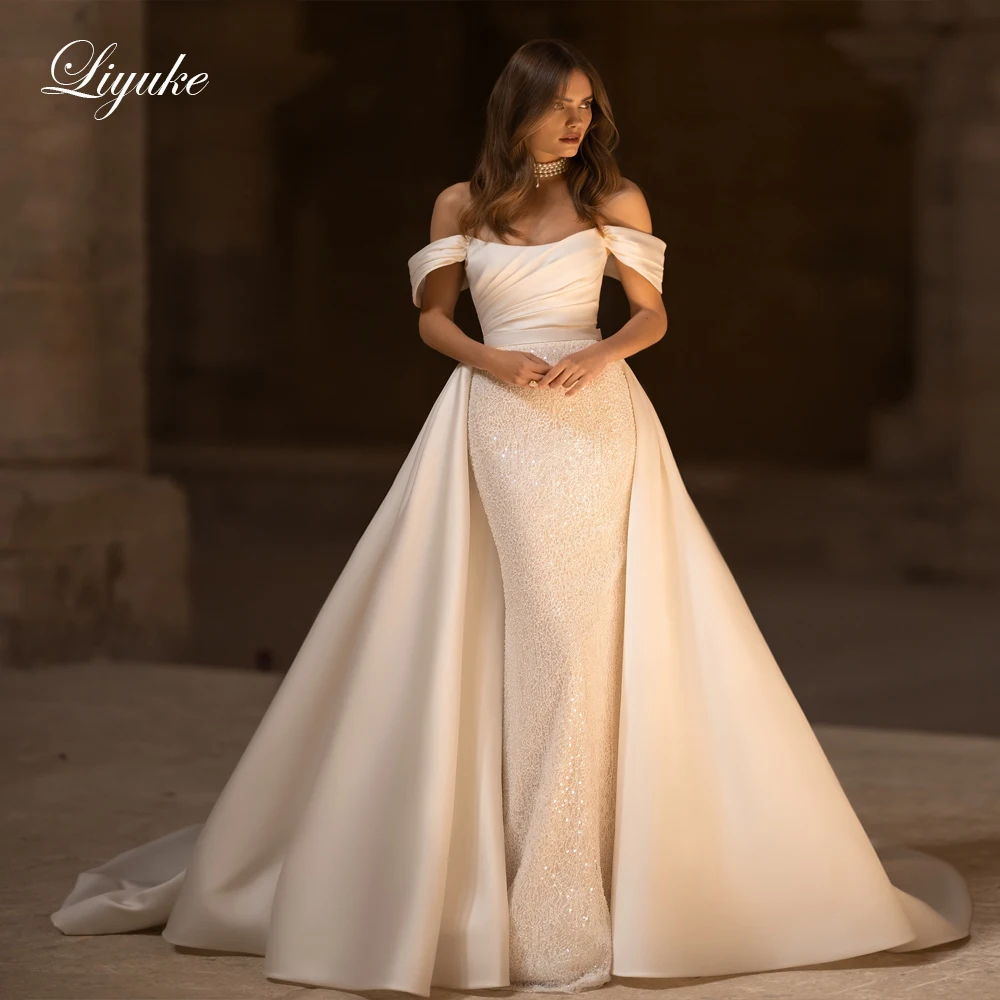 Liyuke-vestidos de novia elegantes 2 en 1, traje de sirena con tren extraíble, Mangas de satén con hombros descubiertos, estilo trompeta