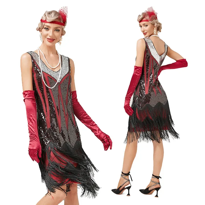 Vestido Flapper Vintage com Borla Dupla, Anos 1920, Decote V, Gatsby Grande, Fantasia Cosplay, Coquetel, Charleston, Stud Lantejoula