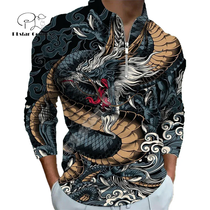 

Halloween Dragon Skull Wolf Tiger Tattoo Colorful Retro 3DPrint Winter Autumn Harajuku Casual Zipper Polo Shirts Long Sleeves A7