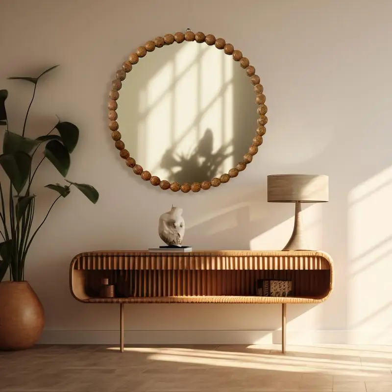 

Round Hanging Wall Mirror with Natural Wood Bead Frame, 32-Inch Decorative Accent Mirror