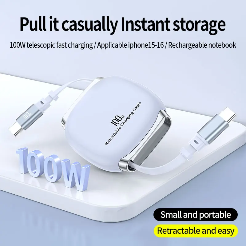 

100W PD Retractable Type C Fast Charging Cable 480Mbps Data Transfer 1M Portable USB C Charger Cord