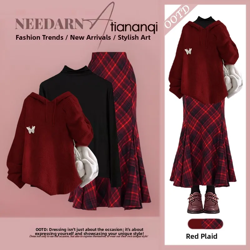 

Faionable Winter Hat Sweater Tee-Piece Set Slimming Top with Skirt Casual Sle Age-Defng Personali Ensemble