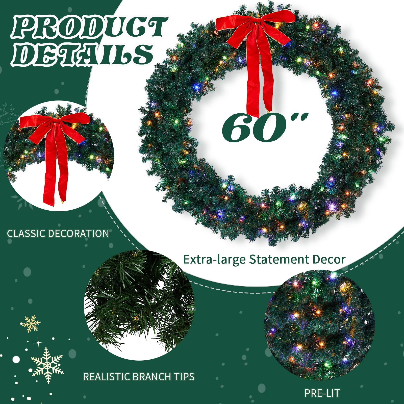 60in Pre-Lit Christmas Wreath with Red Bow, 220 LED Warm & Multi-Color Lights, 600 PVC Branch Tips, Remote Control Stepless Dimming, Artificial Xmas Wreath for Front Door Wall Holiday Decor