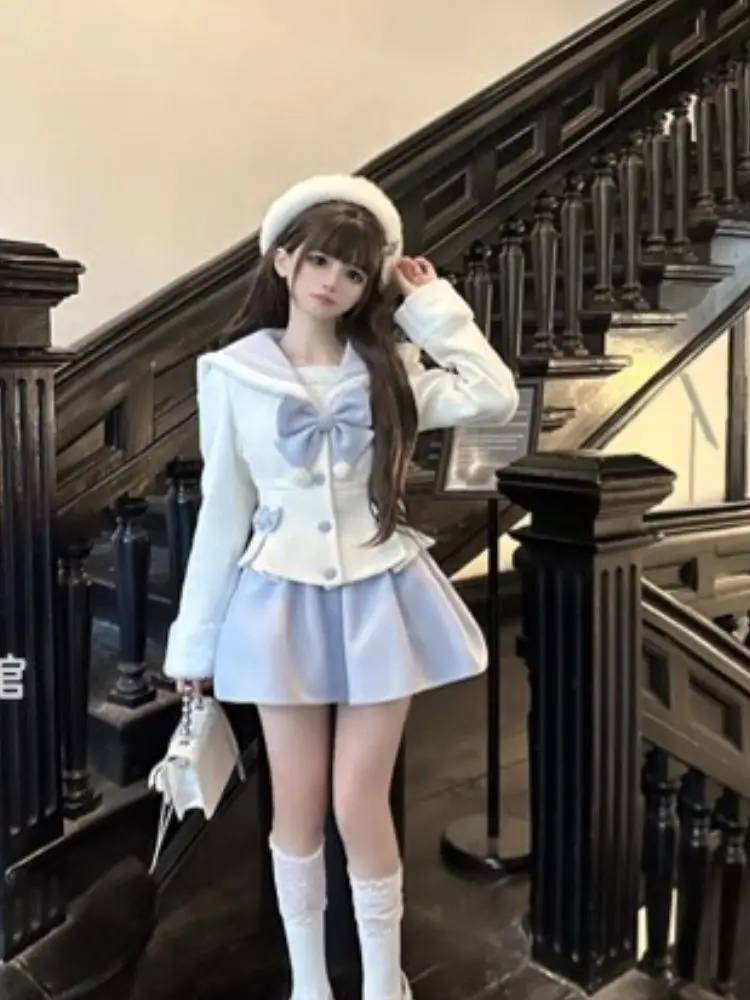 Outono inverno japonês kawaii doce 2 peça ternos feminino bowknot bonito magro colheita topos casacos de cintura alta cor pura mini saia conjuntos