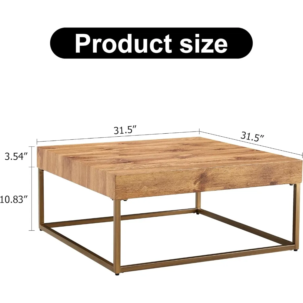 Modern 31.5 Square Coffee Table with Metal Legs and Wooden Top for Living Room and Dining Area