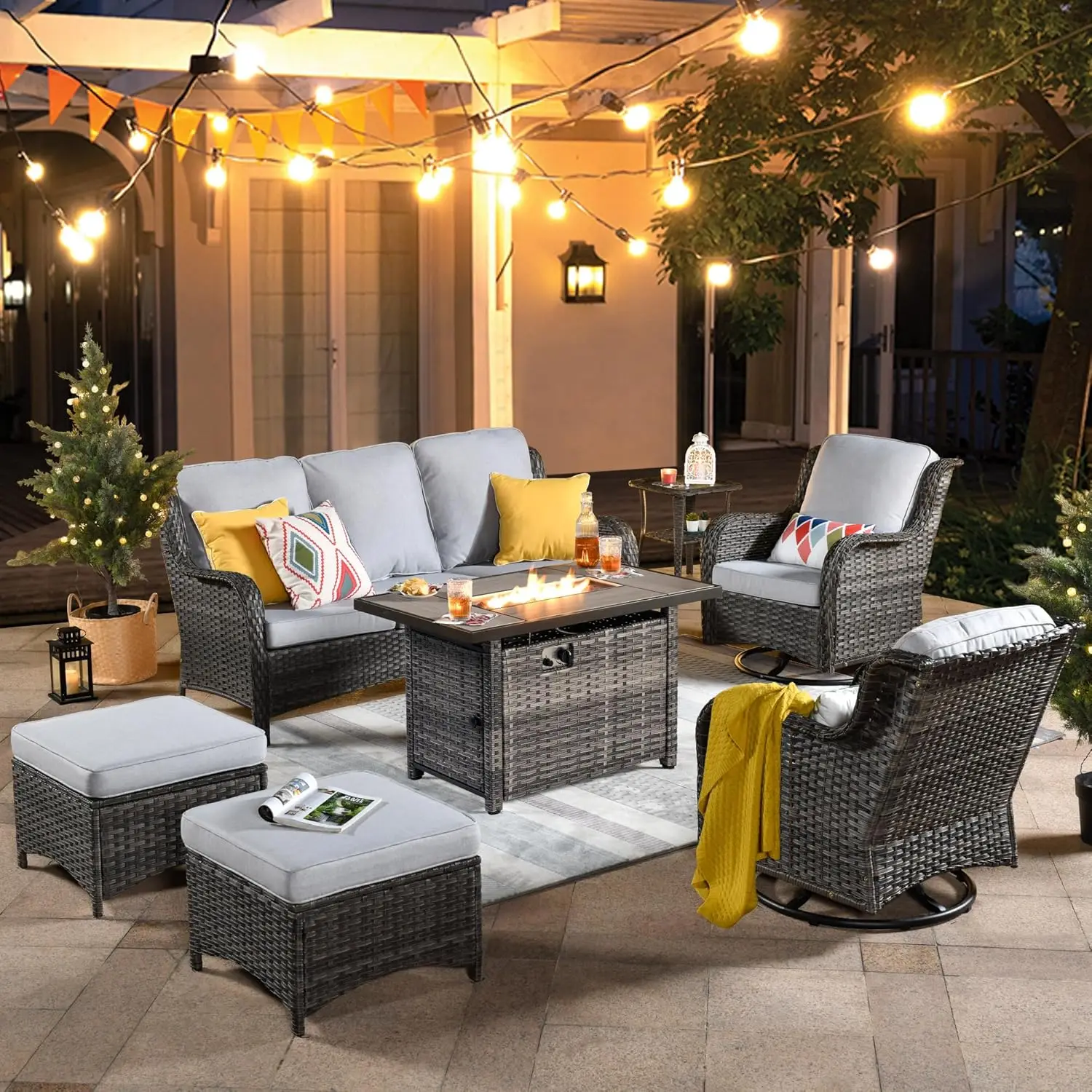 

7 Piece Outdoor Wicker Swivel Rocking Chairs with Rectangle Propane Fire Pit Table, All Weather High Back Sofa Set