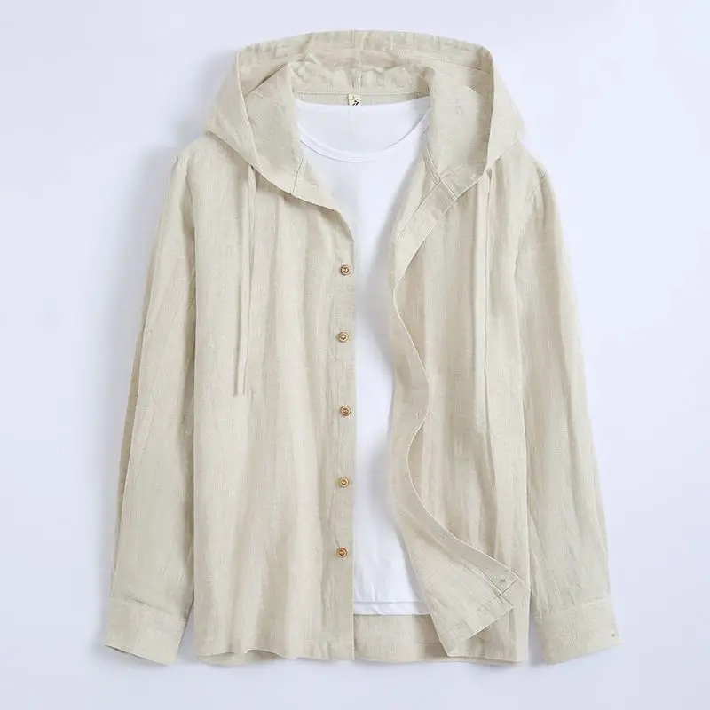 

2024 Men's Spring and Summer Solid Color Linen Shirt Loose Thin Hooded Cotton Linen Sun Protection Shirt