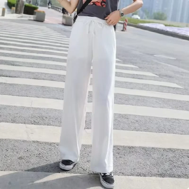 2024 Spring/Summer New Women\'s Korean Edition Wide Leg Pants with High Waist and Ice Silk Drop Feel Nine Point Straight Leg Pant