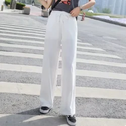 2024 Women's Summer Thin Ice Silk Cotton Flax Wide Leg Pants Straight Tube Drop Feel Casual Pants Loose Large Pants