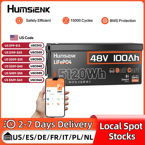 HumsiENK LiFePO4 Battery 48V 100Ah Designed For Golf Cart 200A BMS 5120Wh Smart Bluetooth Monitor With 2-Year Warranty/ UL 1973