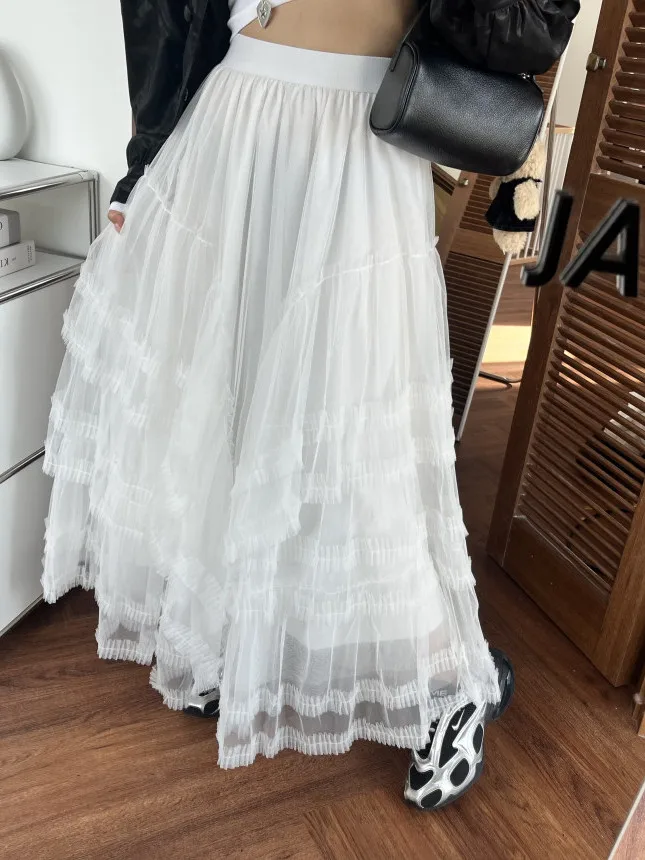 

Ele Lace Hem Skirt Fene Cake Skirt Slimming High Waist Korean Sle Baked Leisure f-length Skirt for Women
