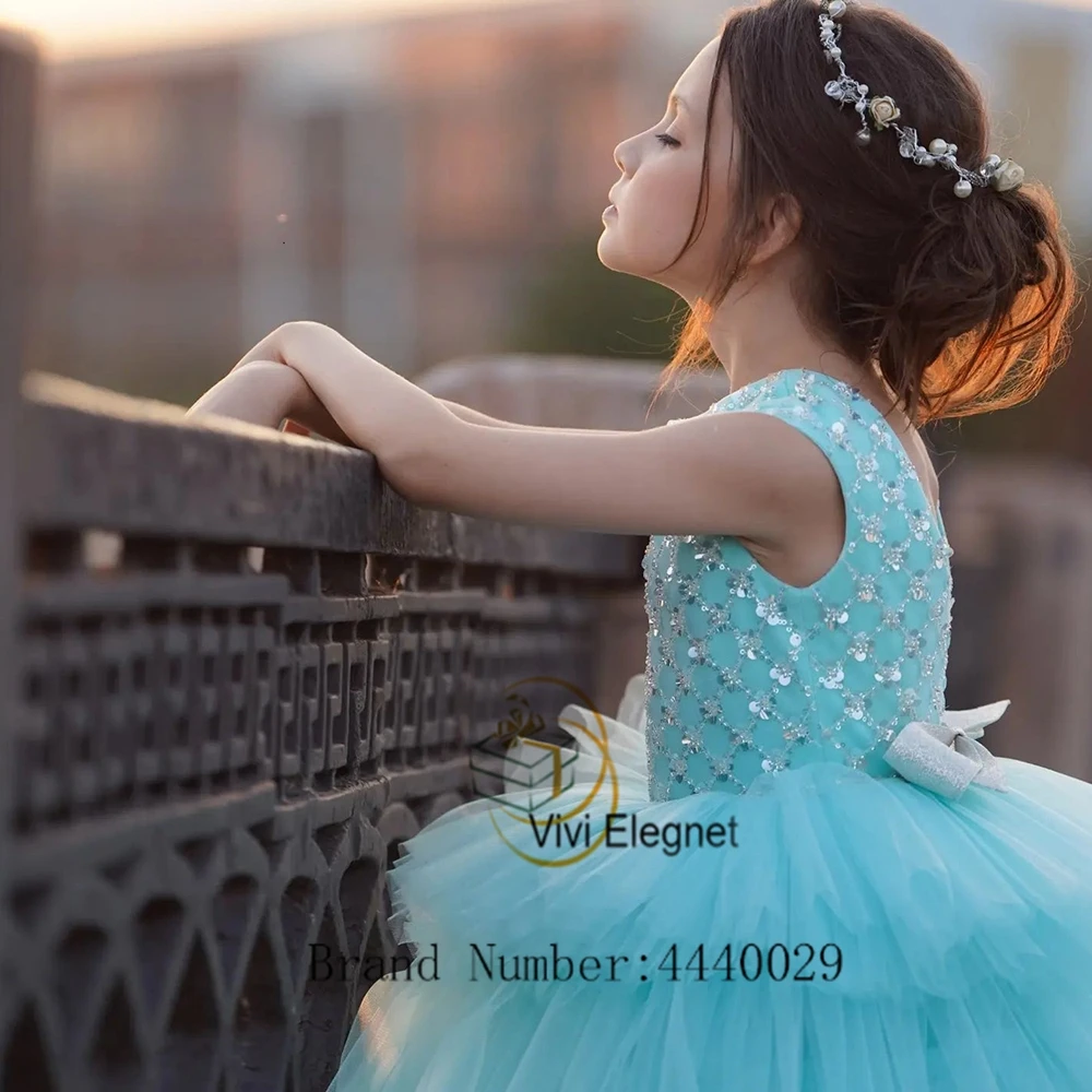 Vestidos Elegantes de flores para niña, vestidos de fiesta de boda con manga de casquillo y lazo de lentejuelas para verano, novedad de 2023