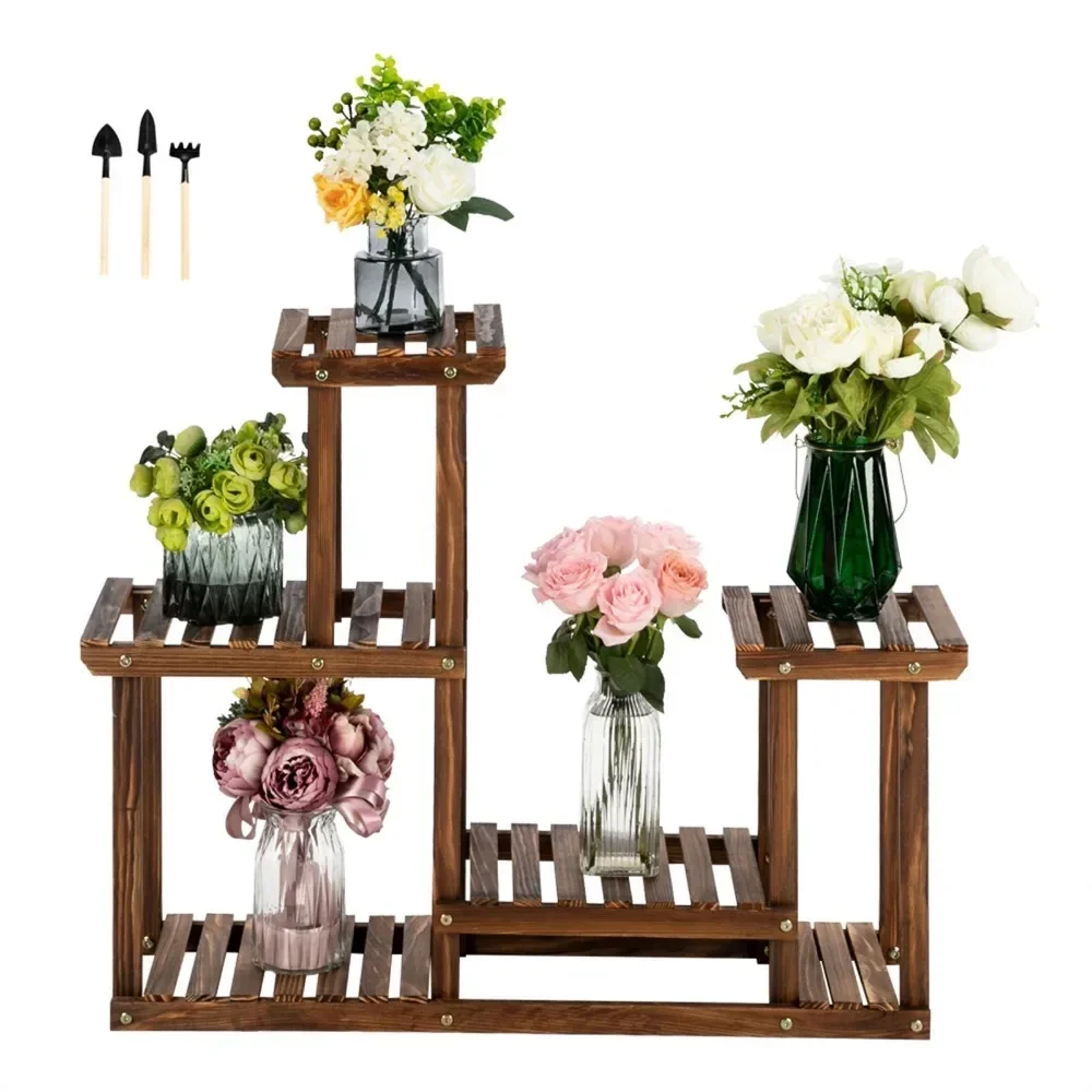 Multi-Function Carbonized Wood Plant Stand Multifunctional carbonized wood plant frame with 4 floors and 7 rooms Plant Shelves