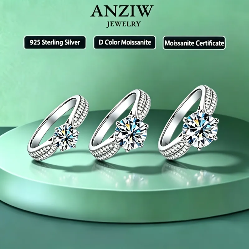 Anziw 1ct 2ct 3ct D Moissanite Ring for Women 925 Sliver 14k Gold Plated Classic Engagement Wedding Promise Rings Finger Jewelry