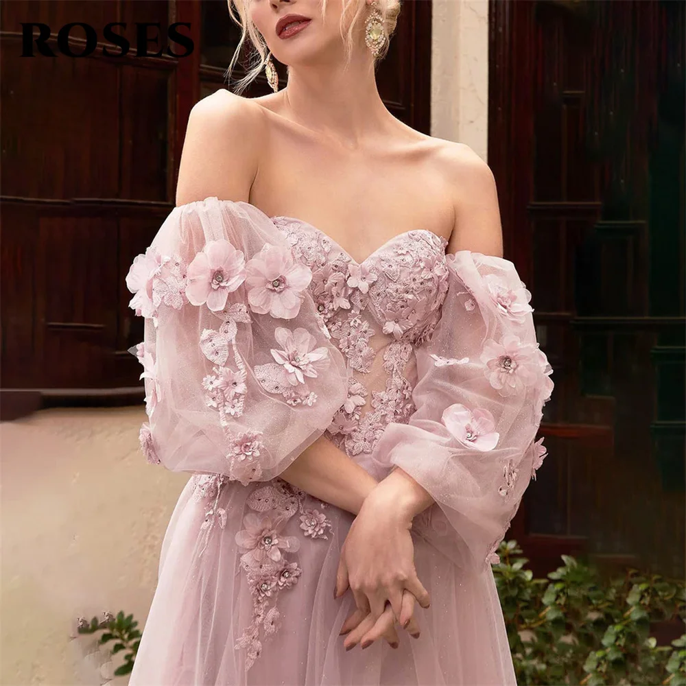 Rose 3D Flowers Sweetheart Wedding Darty Dress Blush Pink Tulle Princess Prom Dresses Appliques Off the Shoulder muslimex squars