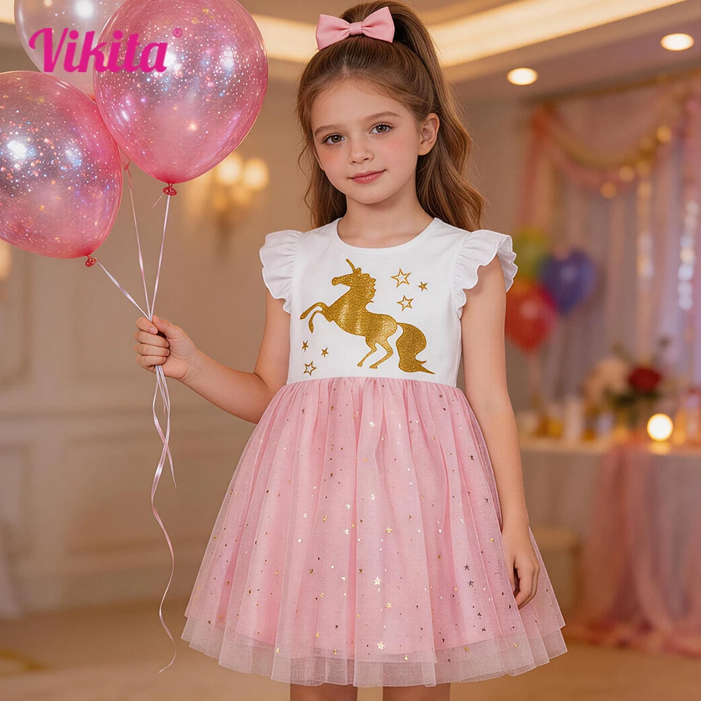 VIKITA Girls Licorne Print Dress Girls Flare Sleeve Summer Dresses Kids Birthday Party Patchwork Princess Elegant Cute Dresses