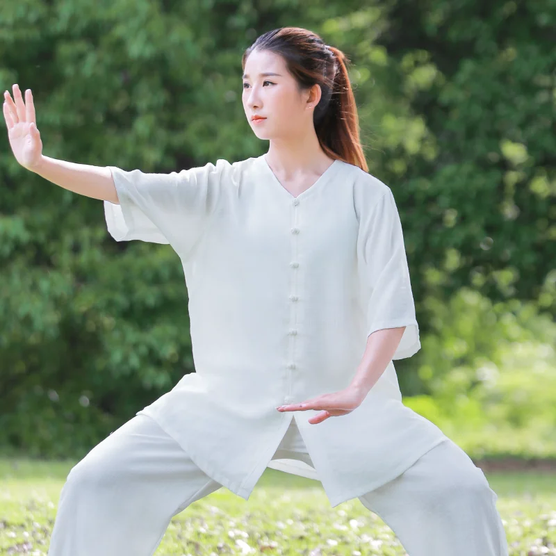 Women's Linen Blend Tai Chi Kung Fu Suit Wudang Style Martial Arts Uniform Middle Sleeve Chinese Traditional Clothes for Summer