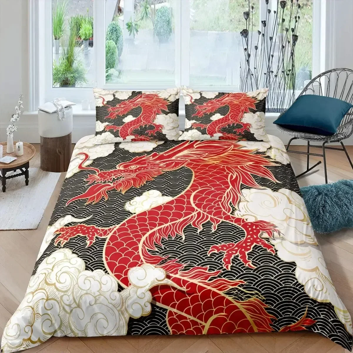 

3D Print Fire Dragon Duvet Cover Set Magical Dinosaur Bedding Set Jungle Animals Wildlife Style King Size Polyester Quilt Cover