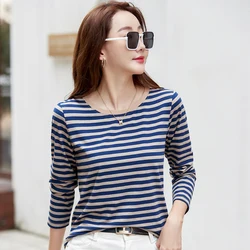 T-shirt a maniche lunghe da donna autunnale coreana in cotone New Fashion Knit Basic Stretch Stripped Tee Shirts For Women 2023