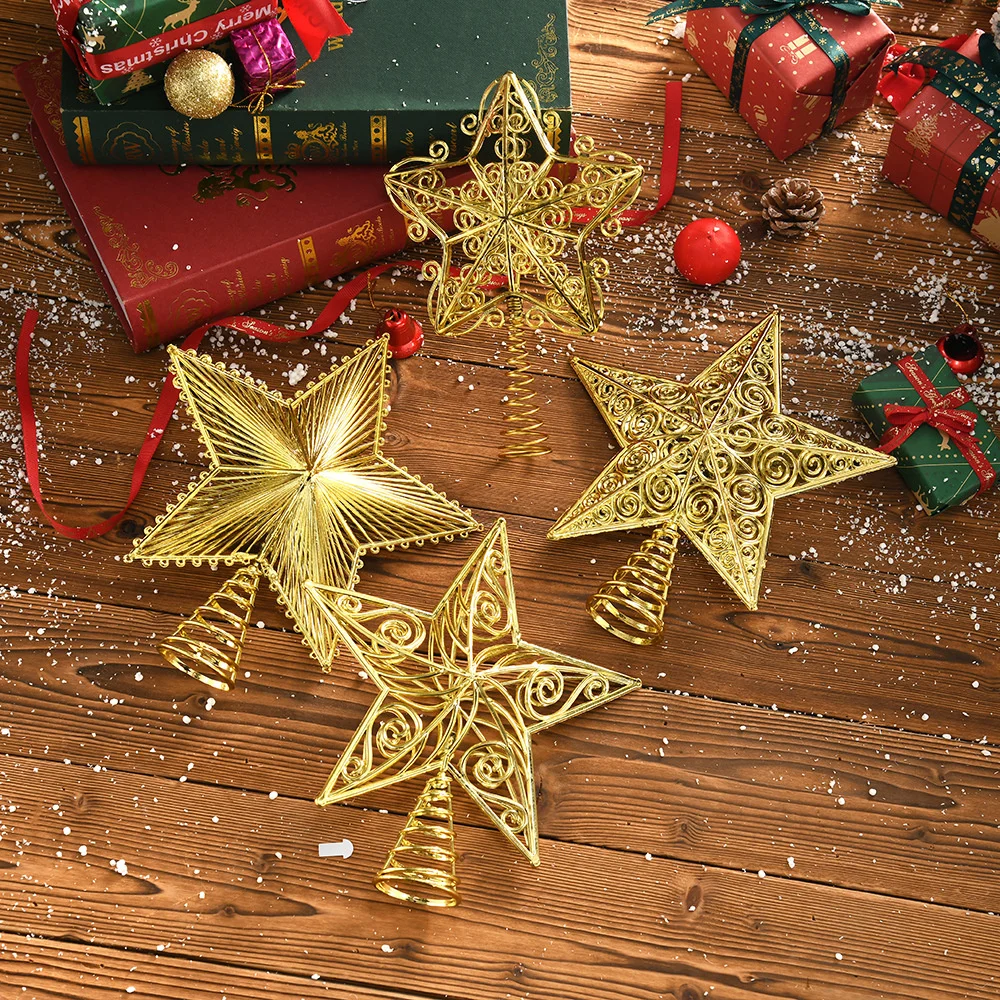 Golden Christmas Tree Toppers Hollow Iron Star ตกแต่งคริสต์มาสสําหรับ Xmas Tree เครื่องประดับ Navidad ใหม่ปี 2025 Party