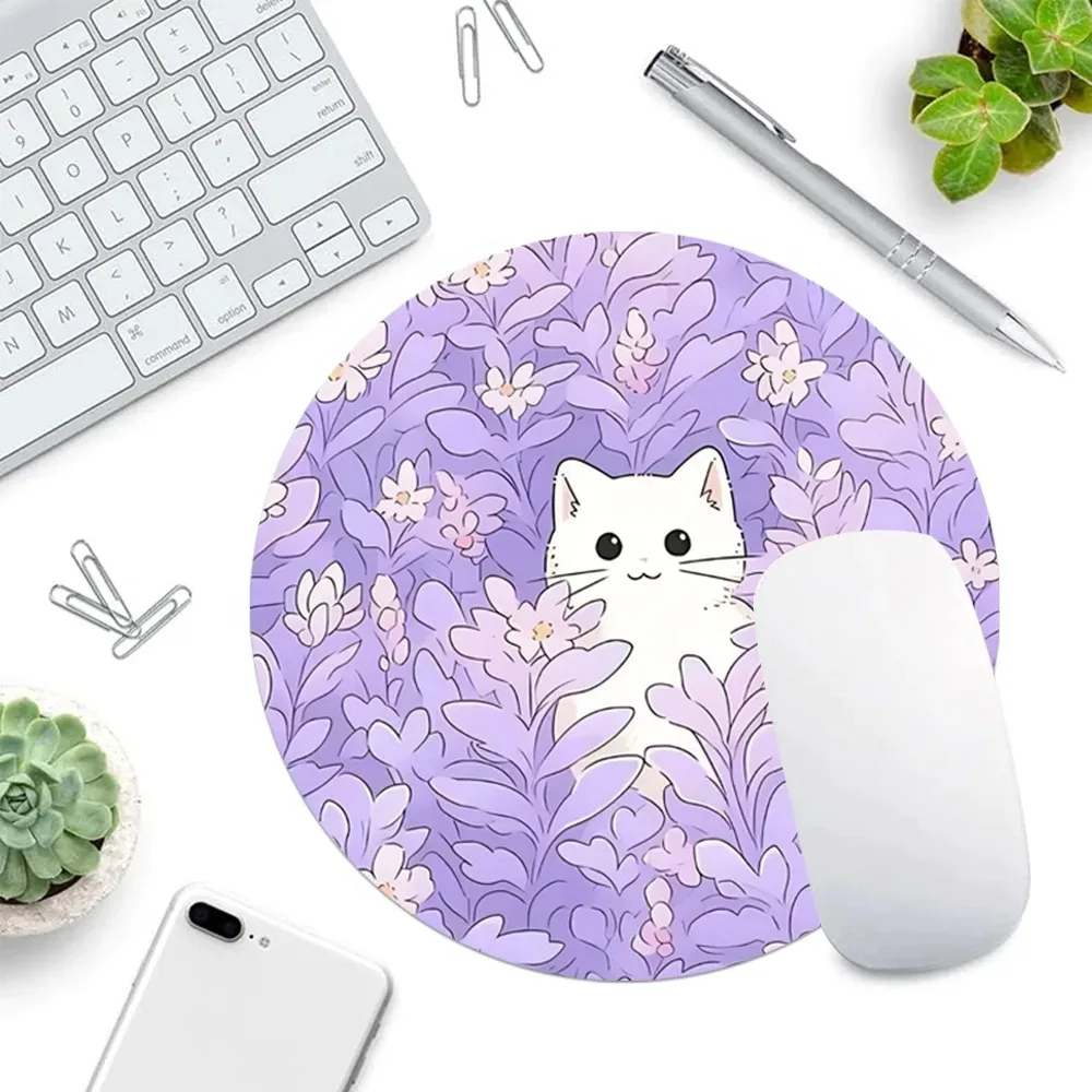 Round Mouse Pad Cute White Cat Desk Pad Purple Lavender Rubber Mousepad Aesthetic Deskmats Accessory for Office Laptop Computer