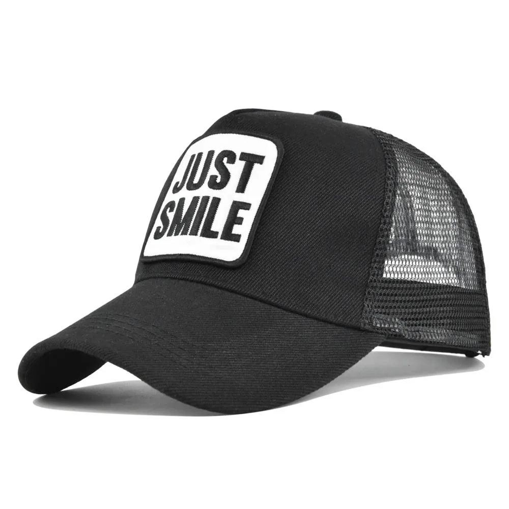 Gorra de béisbol con estampado Just Smile Dad, sombrero de malla para hombres y mujeres