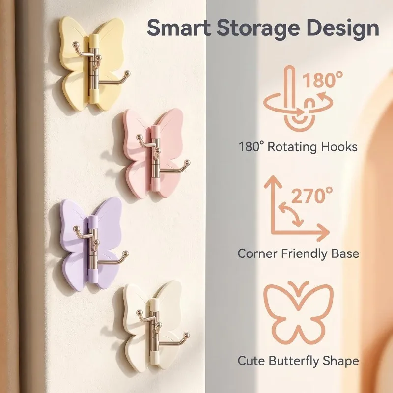 4Pcs Rotatable Butterfly 3Hooks No Punch Wall Hook Self Adhesive Door Hanger Bathroom Kitchen Home Entryway Storage Hanging Rack
