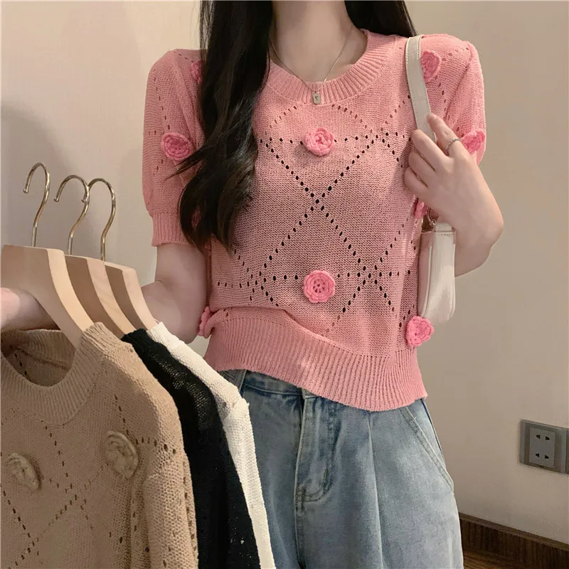 

Летняя однотонная вязаная крючком футболка с цветочным принтом с коротким рукавом, женский вязаный ажурный пуловер, женские эластичные повседневные футболки с круглым вырезом D462