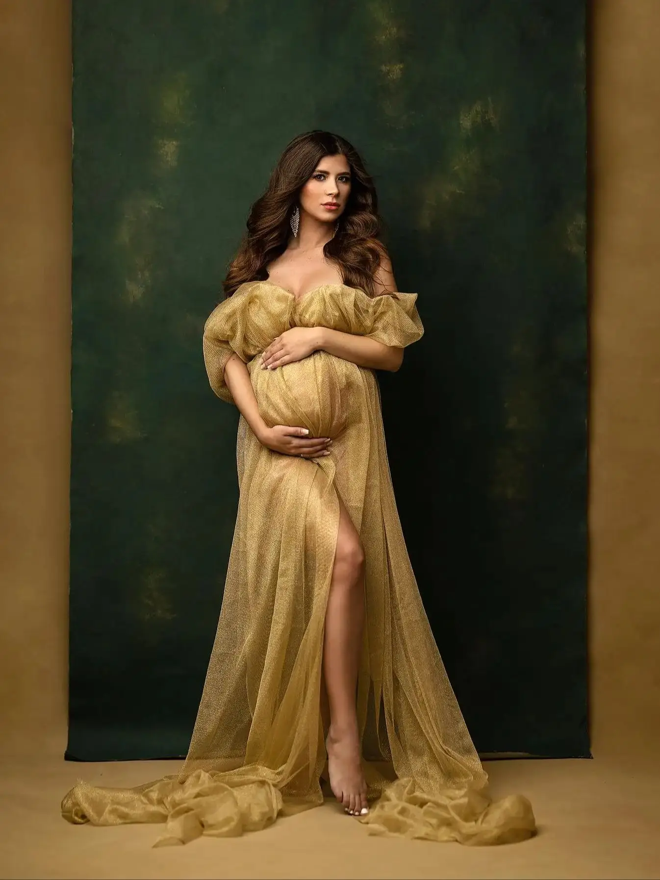 Shining Gold Tulle Maternity Gown for Photoshoot Off Shoulder Sweetheart Pregnancy Robes for Baby Shower Photography Gown#18473