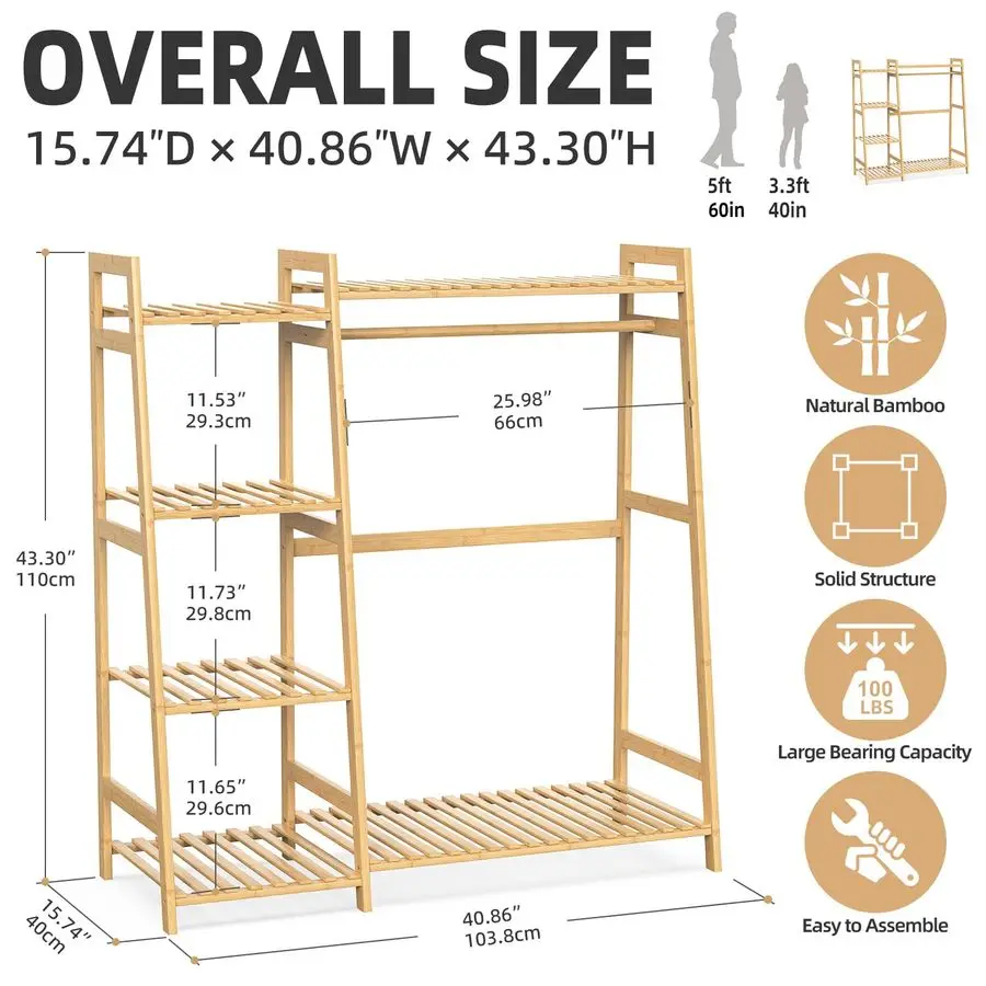 Kids Clothing Rack with Shelves, Bamboo Clothes Garment Rack for Kids Child Baby, Kids Dress Up Storage Rack with Top Shelf, To