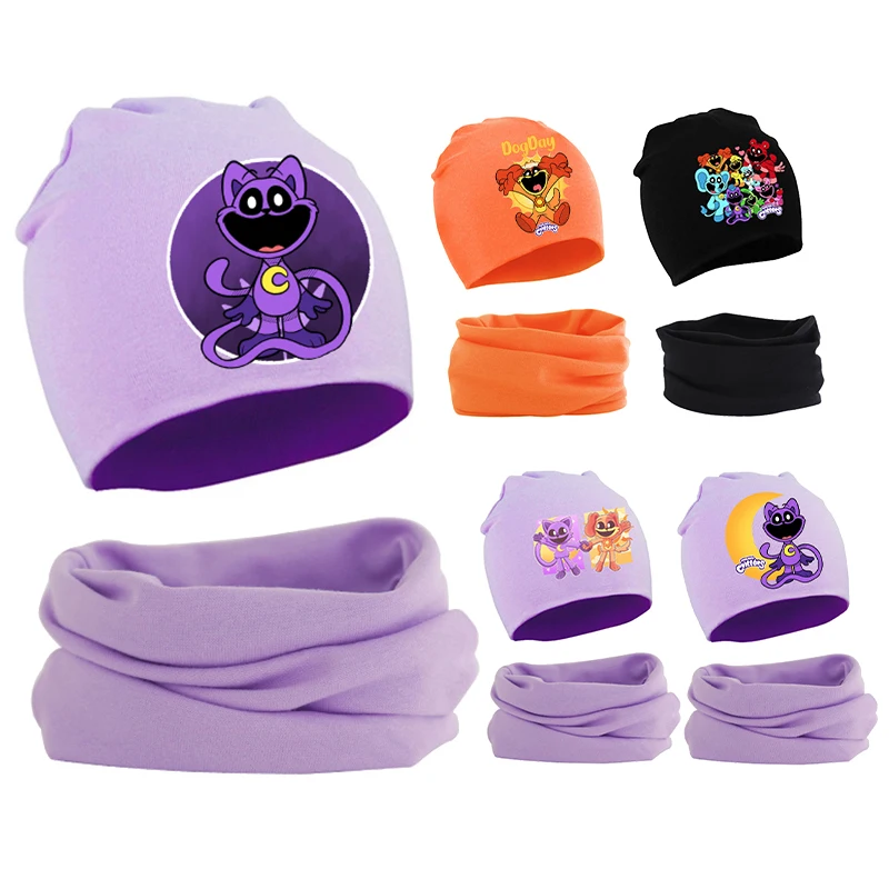 

Smiling Crittersed Kids Baby Hat Scarf Cute Catnap Autumn Winter Warm Cotton Comfortable Child's Beanie Knit Cap Collar 2Pcs Set