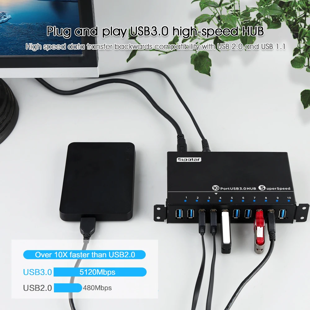 Sipolar 고속 데이터 전송 멀티 고속 충전기 분배기, 산업용 USB 3.0 허브, 10 포트 전원 어댑터 포함, A103, 12V5A