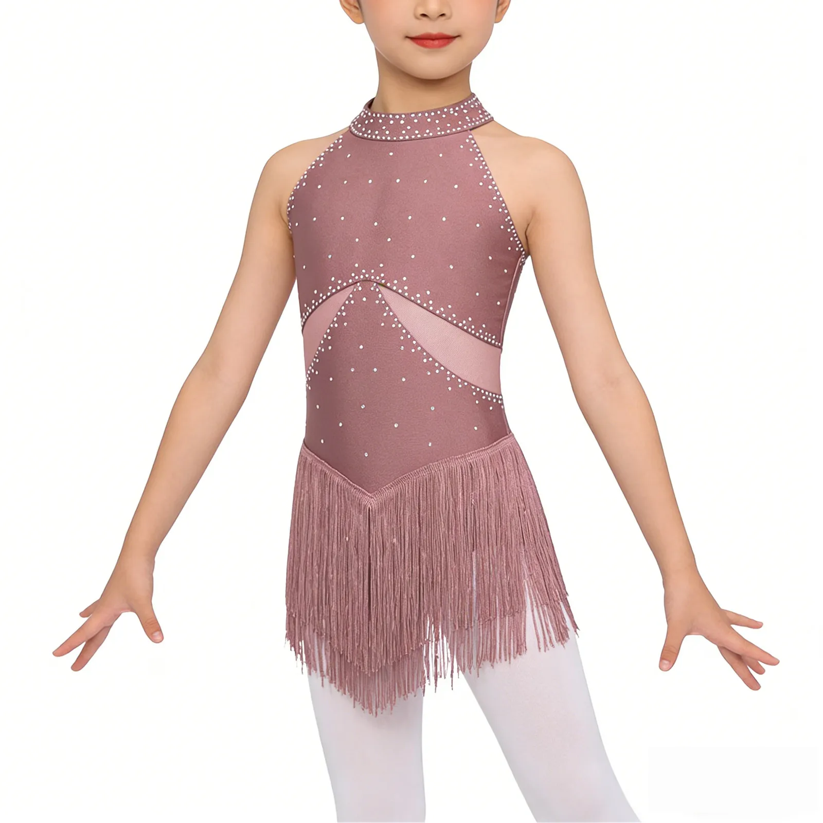 

Latin Tassel Fringe Dress Girls Glittery Rhinestones Sheer Mesh Patchwork Leotard for Figure Skating Latin Performance Costumes