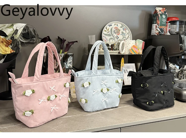 

Messenger Bags for Women Padded Cotton Hand-held Thick Small Cloth Bag Three-dimensional Flower Bow Women's Handbags