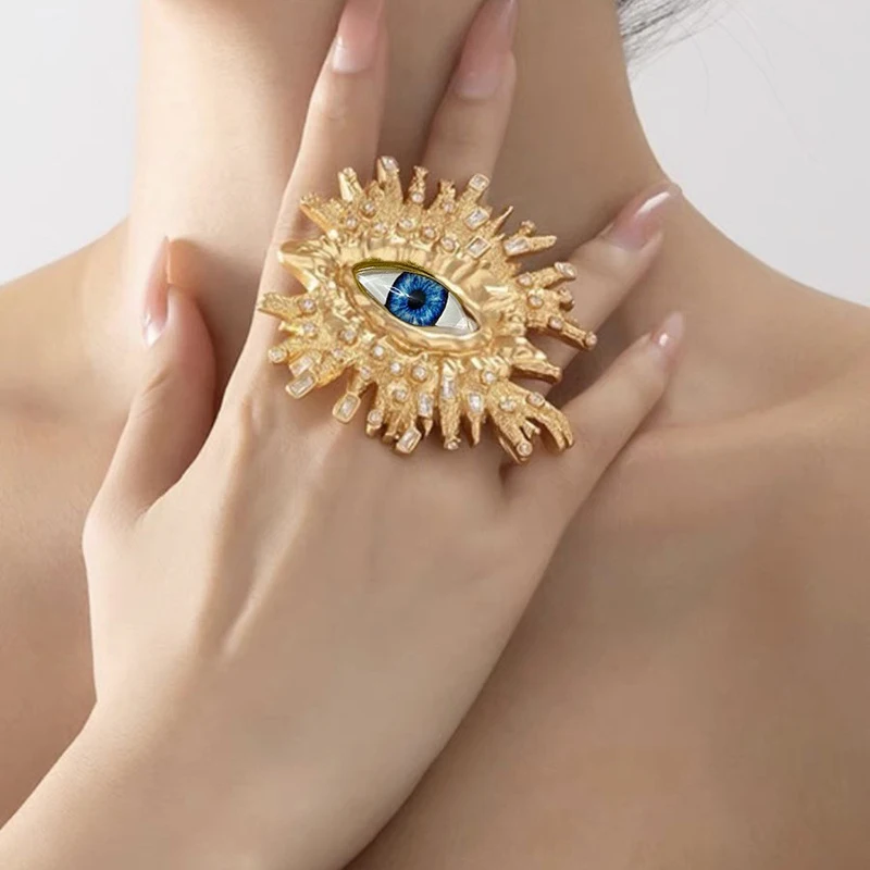 Exaggerated Personality Rhinestone Big Eye Earrings Vintage Open Ring Brooch Earrings Set Women\'s Party Jewelry Accessories