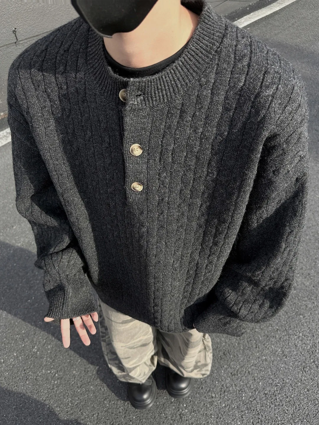 

Американский ретро-свитер оверсайз с воротником Хенри, вязаный, свободного кроя, для мужчин и женщин, осенне-зимний, в морском стиле