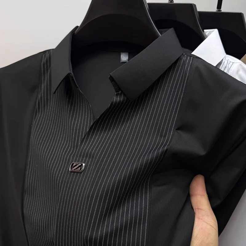 

Men's Summer New Style Short-Sleeved Polo Shirt Ice Silk Collar Stripes T-shirt Casual Breathable Cool Shirt Men's Clothing