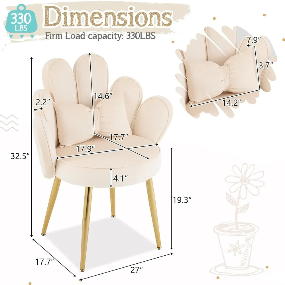 Cute Flower Design Petal Makeup Vanity Chair for Girls, Comfortable No-Wheel Desk Chair, Modern Dining Chair, Small Accent Chair