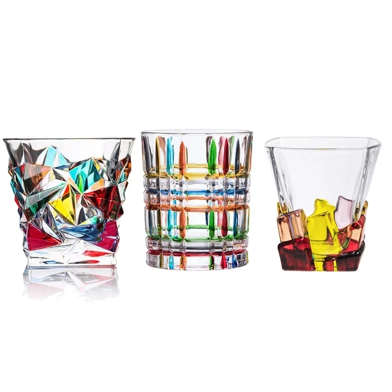 

European-Style Coulorful Lines Hand-Painted Lines Woven Crystal Glass Stained Glass Juice Cup Whiskey Glass Cocktail kit
