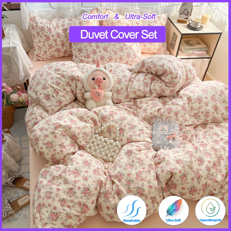 

Комплект пододеяльников со свежим цветочным принтом и 2 наволочками, ультрамягкий дышащий гипоаллергенный комплект постельного белья, уютная спальня