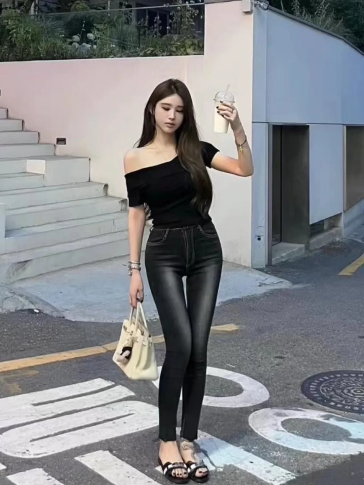 

High Waist Elastic Slim Fit Pencil Jeans Waed out Hairline Nine Points Pants Korean Bla ey Self-Contained 2024