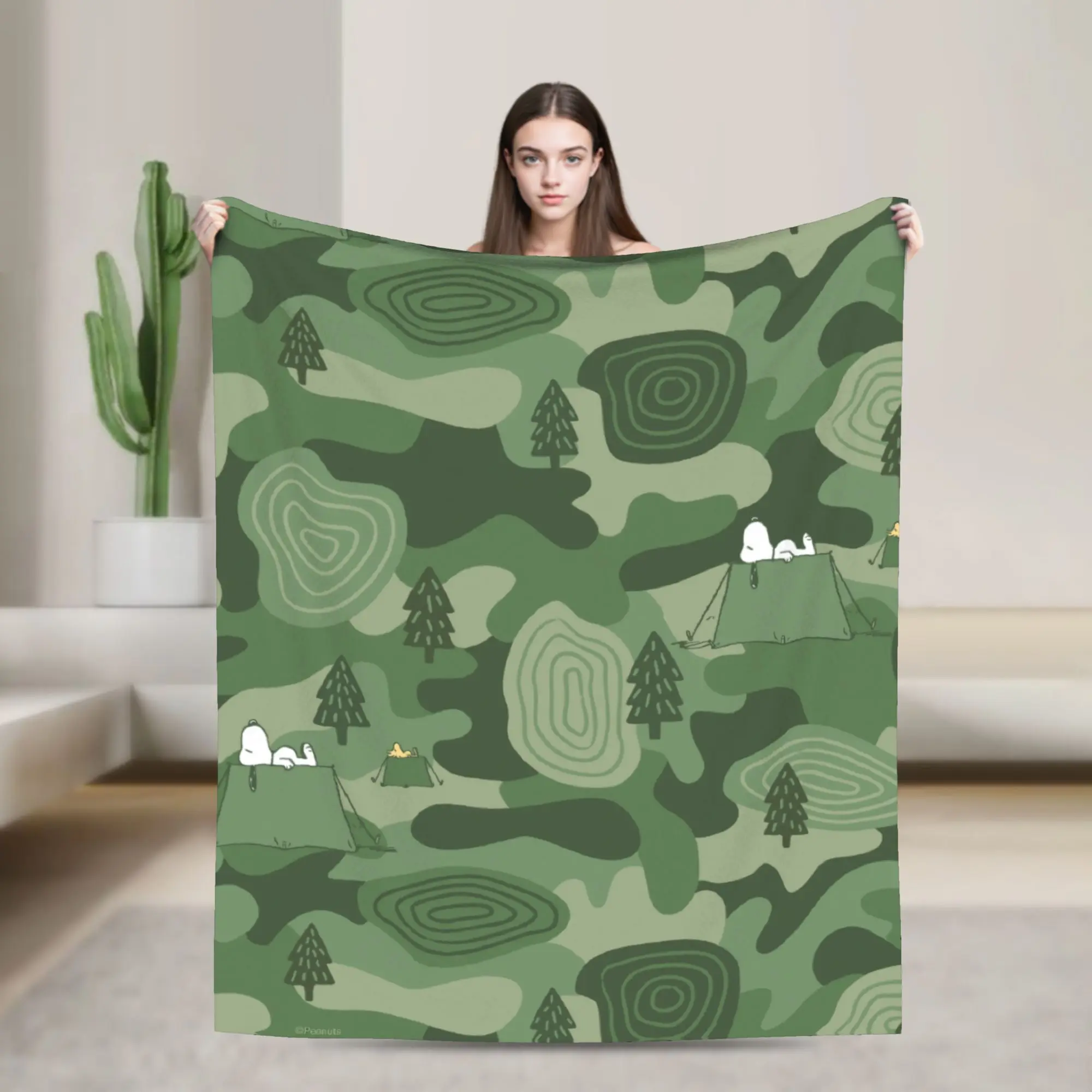 

Snoopys Woodstock Camouflage Camp Blanket Wool Novelty Breathable Throw Blankets for Bedding Lounge Spring Autumn,